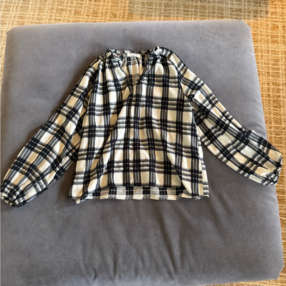 Black and White Buffalo Check Blouse with Half-Zip
